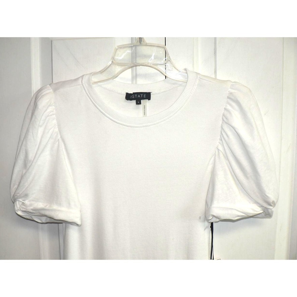 1.State Womens Twist Puff Short Sleeve Rib Body Cotton Crew Neck Tee White Small - Picture 4 of 7